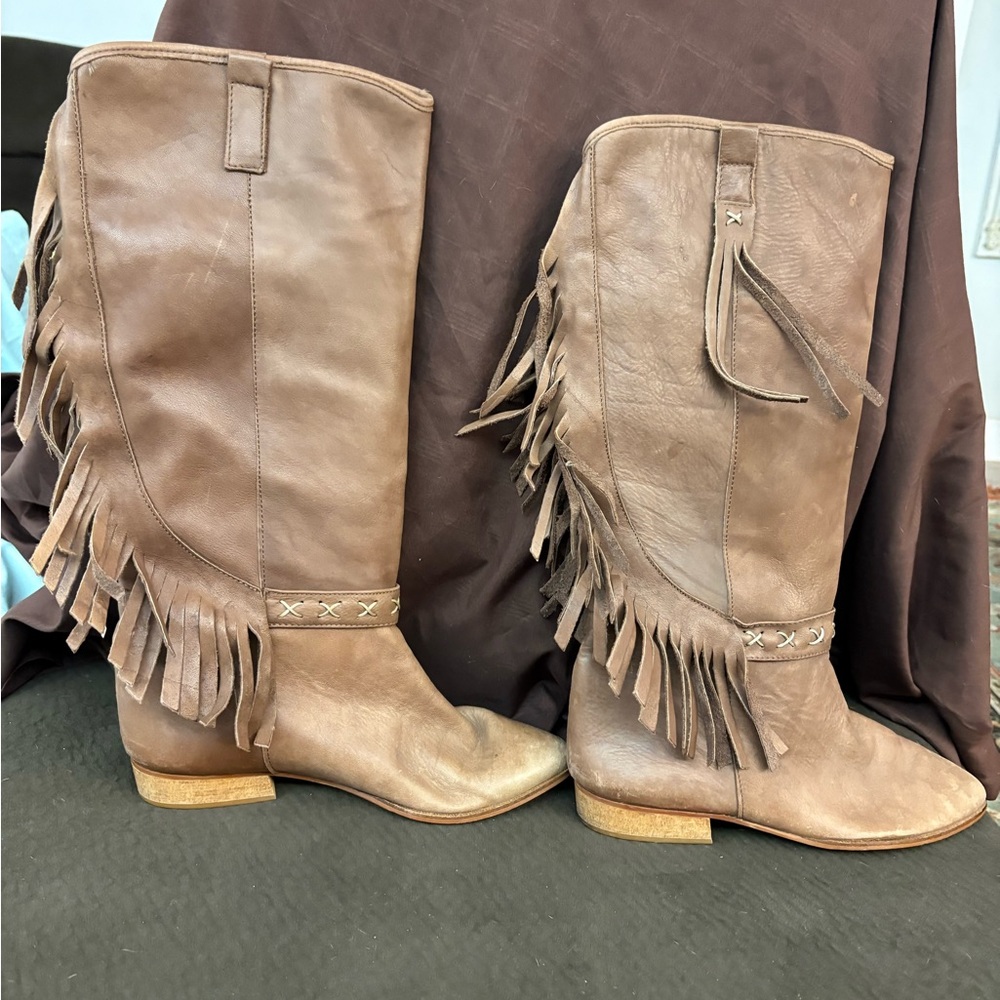 Town & Country Made in Italy Leather Fringe Boots Size 10 Boho Western - Picture 2 of 6